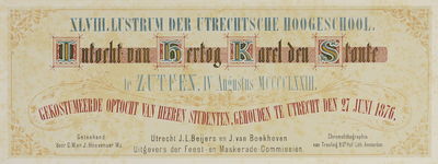 29151 Titelblad van de maskerade van de studenten van het Utrechtsch Studenten Corps op 27 juni 1876, ter gelegenheid ...